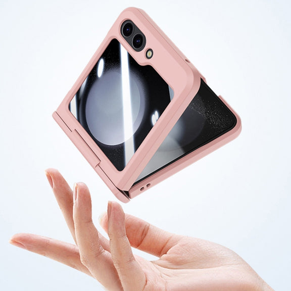 For Samsung Galaxy Z Flip5 5G PC Skin Feel Integrated Foldable Mid Shaft Phone Case(Pink Cyan)