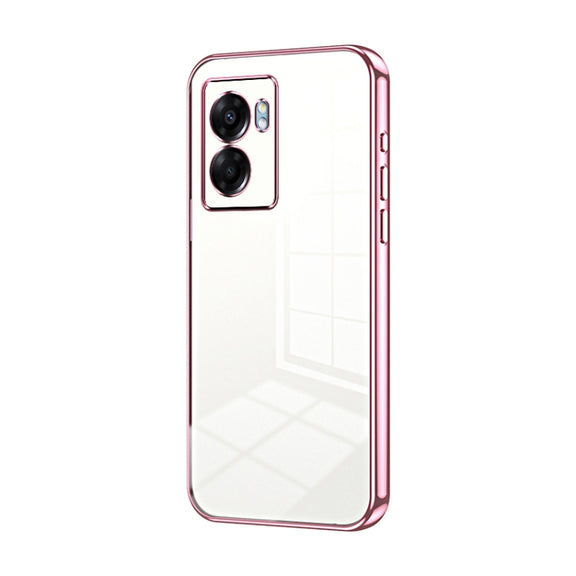 For OPPO A57 5G Transparent Plating Fine Hole Phone Case(Pink)