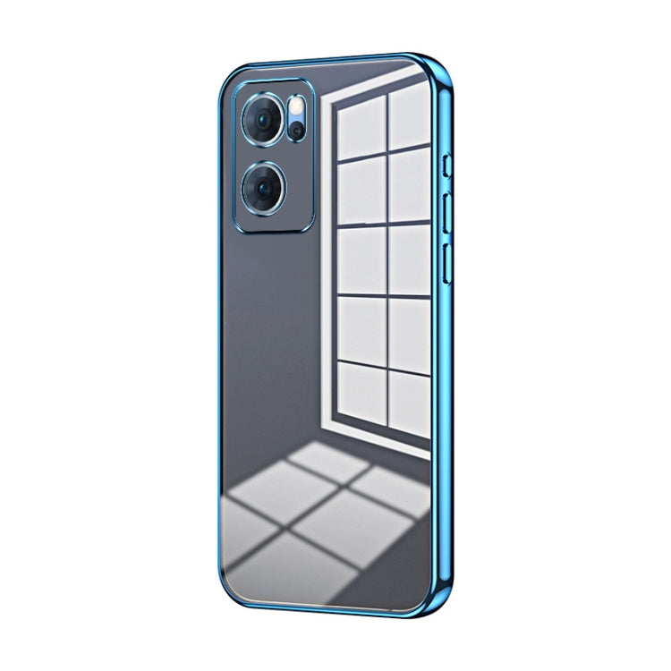 For OPPO Reno7 5G Transparent Plating Fine Hole Phone Case(Blue)