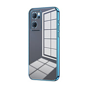For OPPO Reno7 5G Transparent Plating Fine Hole Phone Case(Blue)