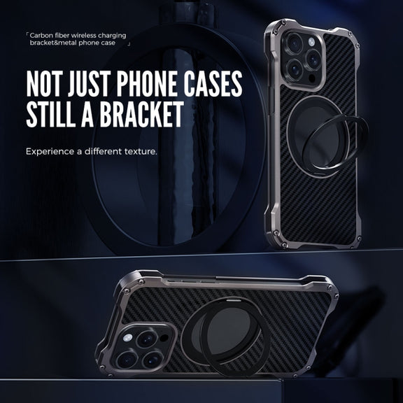 For iPhone 15 R-JUST RJ51-1 Hollow Rotating Holder MagSafe Magnetic Metal Phone Case(Silver Grey)
