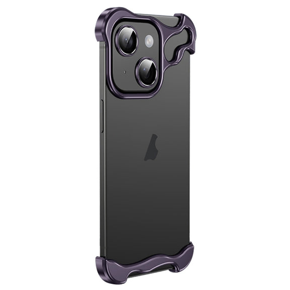For iPhone 14 Plus Frameless Metal Corner Pad Phone Case with Lens Film(Purple)