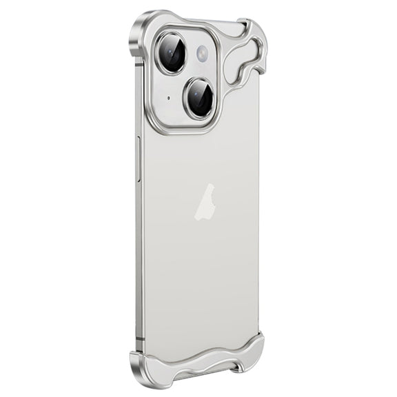 For iPhone 14 Plus Frameless Metal Corner Pad Phone Case with Lens Film(White)