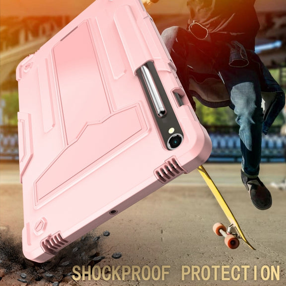 For Samsung Galaxy Tab S9 FE / S9 T Holder Robot Silicone Hybrid PC Tablet Case(Rose Gold)