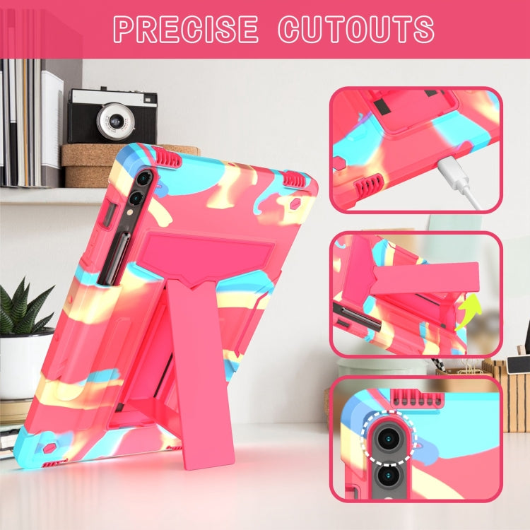 For Samsung Galaxy Tab S9 FE+ / S9+ T Holder Robot Silicone Hybrid PC Tablet Case(Camouflage Rose Red)