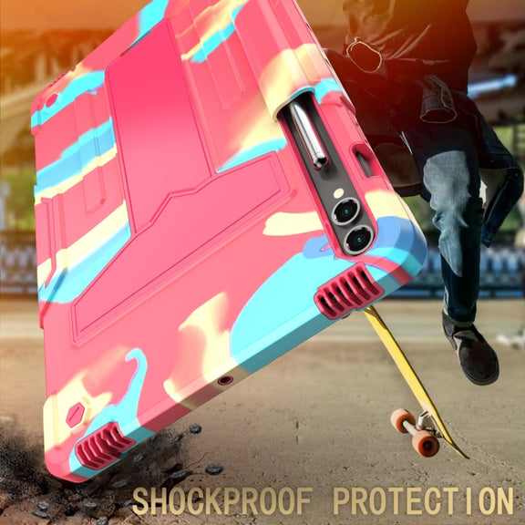 For Samsung Galaxy Tab S9 FE+ / S9+ T Holder Robot Silicone Hybrid PC Tablet Case(Camouflage Rose Red)
