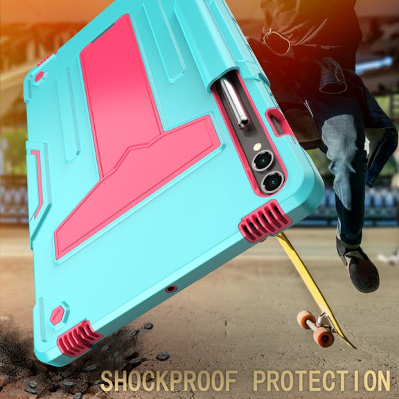 For Samsung Galaxy Tab S9 FE+ / S9+ T Holder Robot Silicone Hybrid PC Tablet Case(Mint Rose Red)