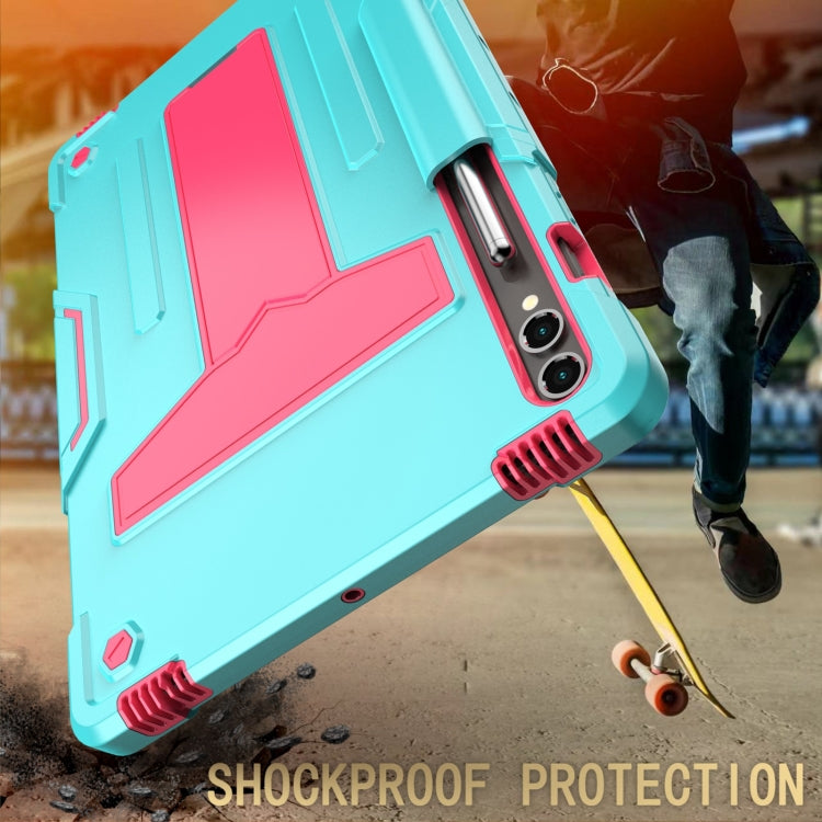 For Samsung Galaxy Tab S9 FE+ / S9+ T Holder Robot Silicone Hybrid PC Tablet Case(Mint Rose Red)