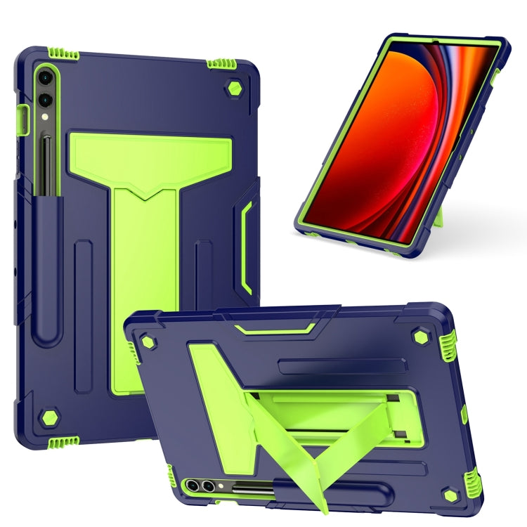For Samsung Galaxy Tab S9 FE+ / S9+ T Holder Robot Silicone Hybrid PC Tablet Case(Navy Yellow Green)