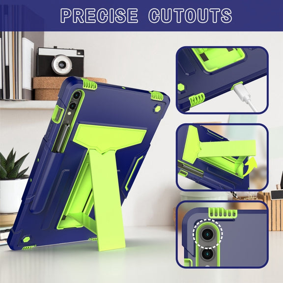 For Samsung Galaxy Tab S9 FE+ / S9+ T Holder Robot Silicone Hybrid PC Tablet Case(Navy Yellow Green)