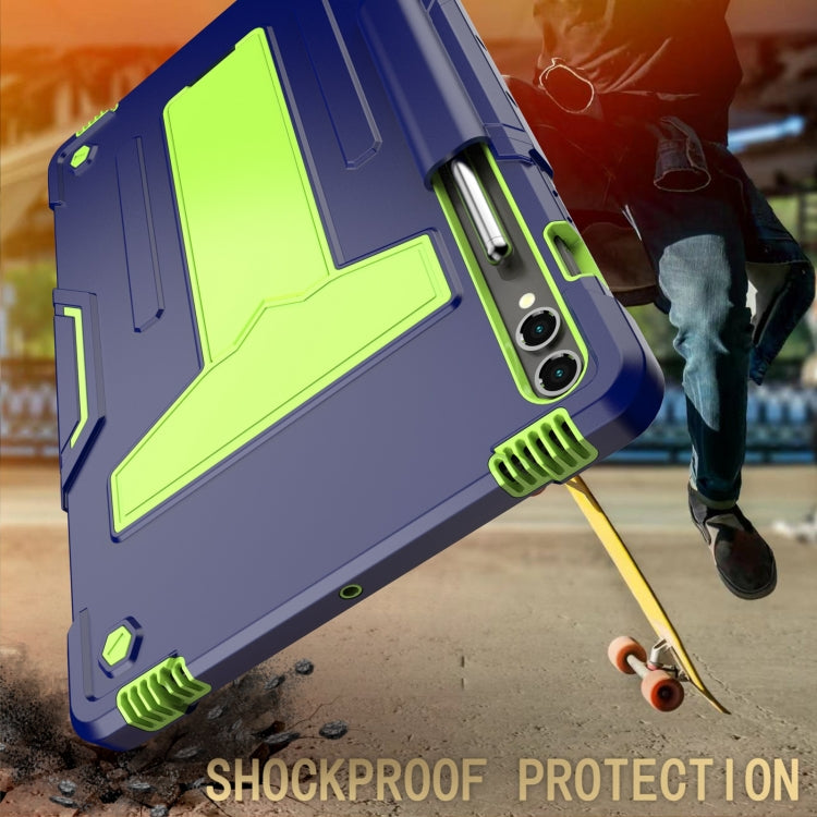 For Samsung Galaxy Tab S9 FE+ / S9+ T Holder Robot Silicone Hybrid PC Tablet Case(Navy Yellow Green)