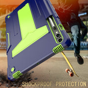 For Samsung Galaxy Tab S9 FE+ / S9+ T Holder Robot Silicone Hybrid PC Tablet Case(Navy Yellow Green)