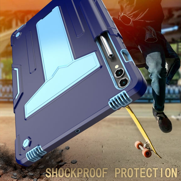 For Samsung Galaxy Tab S9 FE+ / S9+ T Holder Robot Silicone Hybrid PC Tablet Case(Navy Blue Blue)