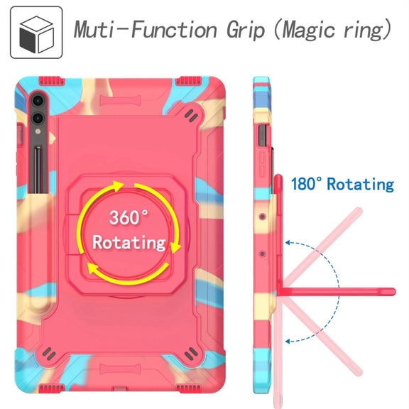 For Samsung Galaxy Tab S9 FE+ / S9+ Handle Robot Silicone Hybrid PC Tablet Case(Camouflage Rose Red)