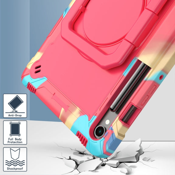 For Samsung Galaxy Tab S9 FE / S9 Handle Robot Silicone Hybrid PC Tablet Case(Camouflage Rose Red)