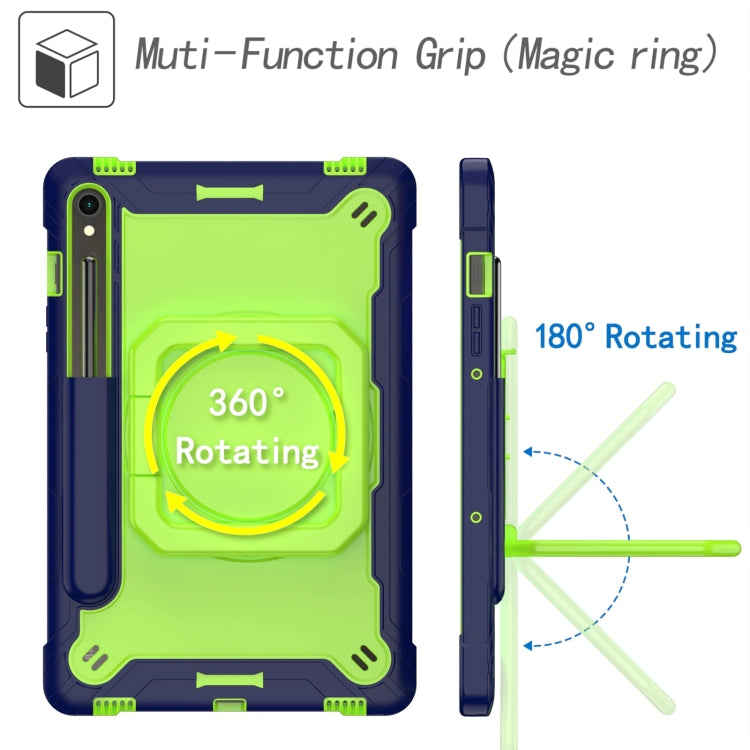 For Samsung Galaxy Tab S9 FE / S9 Handle Robot Silicone Hybrid PC Tablet Case(Navy Yellow Green)