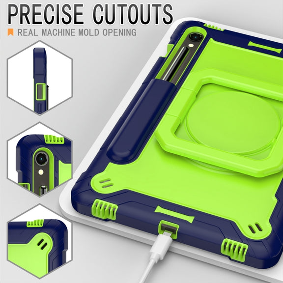 For Samsung Galaxy Tab S9 FE / S9 Handle Robot Silicone Hybrid PC Tablet Case(Navy Yellow Green)