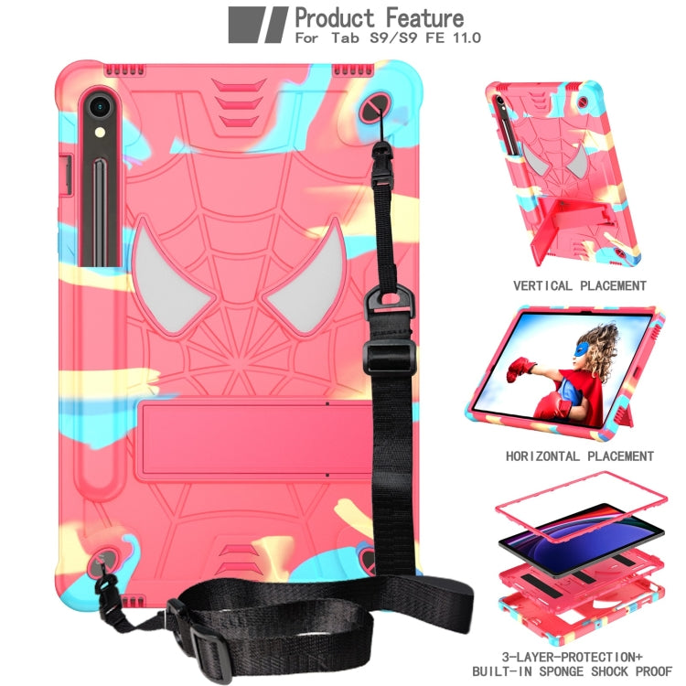 For Samsung Galaxy Tab S9 FE / S9 Fold-Holder Spider Silicone Hybrid PC Tablet Case(Camouflage Rose Red)