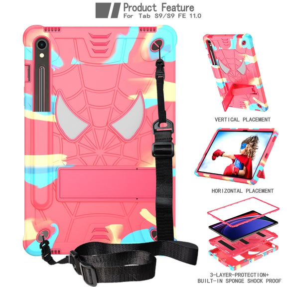 For Samsung Galaxy Tab S9 FE / S9 Fold-Holder Spider Silicone Hybrid PC Tablet Case(Camouflage Rose Red)