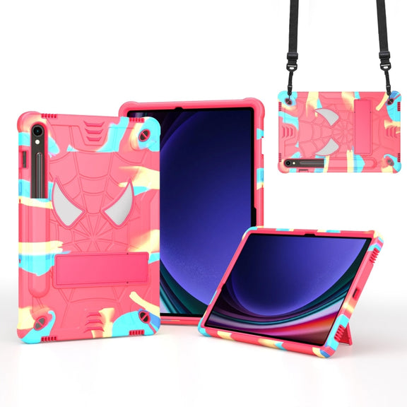 For Samsung Galaxy Tab S9 FE / S9 Fold-Holder Spider Silicone Hybrid PC Tablet Case(Camouflage Rose Red)