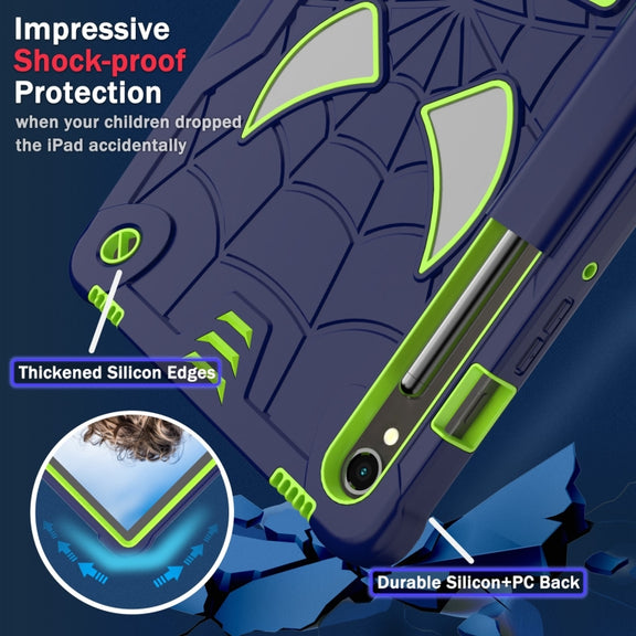 For Samsung Galaxy Tab S9 FE / S9 Fold-Holder Spider Silicone Hybrid PC Tablet Case(Navy Yellow Green)