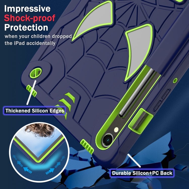 For Samsung Galaxy Tab S9 FE / S9 Fold-Holder Spider Silicone Hybrid PC Tablet Case(Navy Yellow Green)
