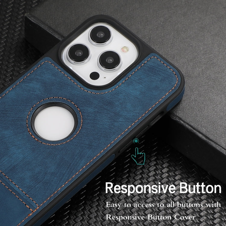 For iPhone 14 Plus Splicing Sewing Hollow Cutout PU Phone Case(Blue)