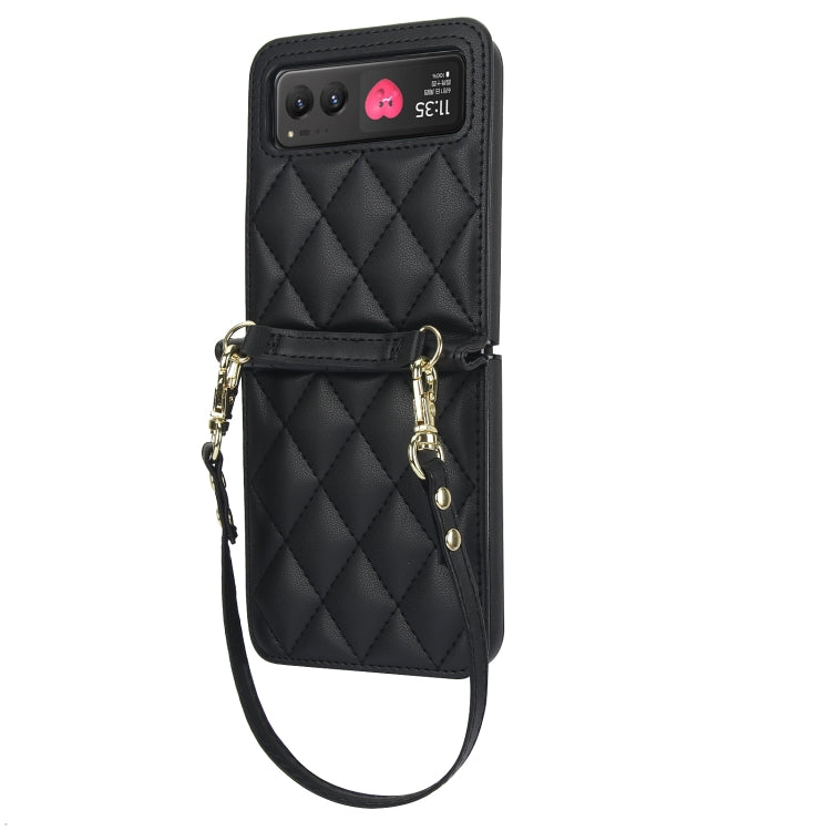 For Motorola Razr 40 Rhombic Texture Phone Case with Long & Short Lanyard(Black)