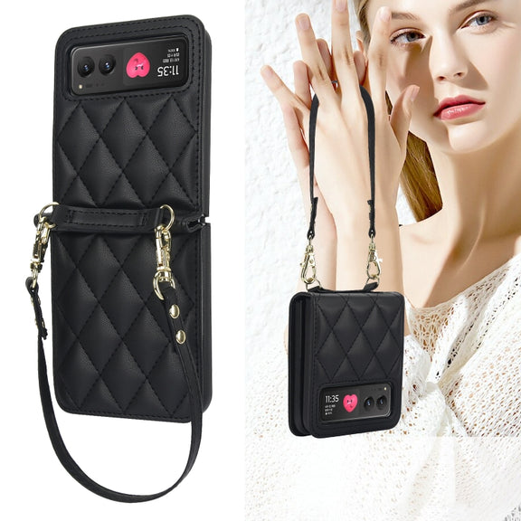 For Motorola Razr 40 Rhombic Texture Phone Case with Long & Short Lanyard(Black)