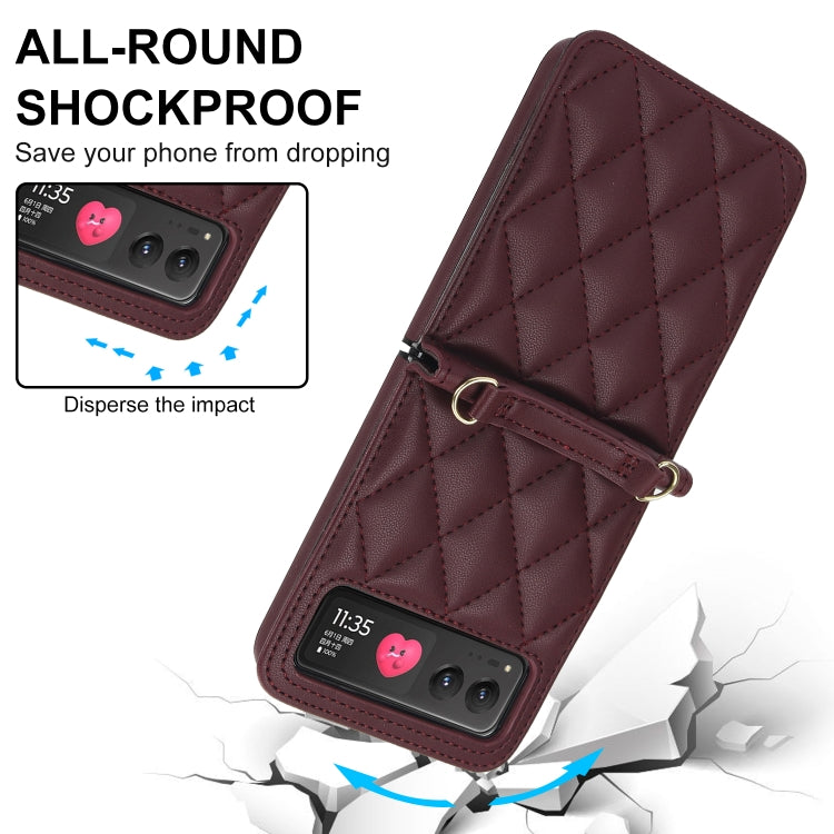 For Motorola Razr 40 Rhombic Texture Phone Case with Long & Short Lanyard(Wine Red)