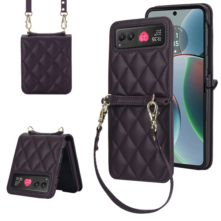 For Motorola Razr 40 Rhombic Texture Phone Case with Long & Short Lanyard(Dark Purple)