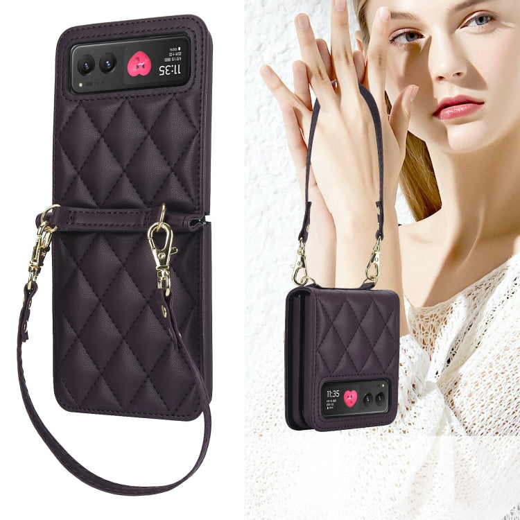 For Motorola Razr 40 Rhombic Texture Phone Case with Long & Short Lanyard(Dark Purple)