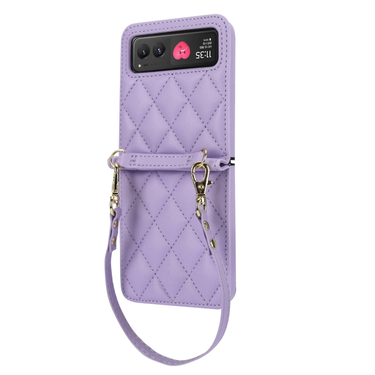 For Motorola Razr 40 Rhombic Texture Phone Case with Long & Short Lanyard(Light Purple)