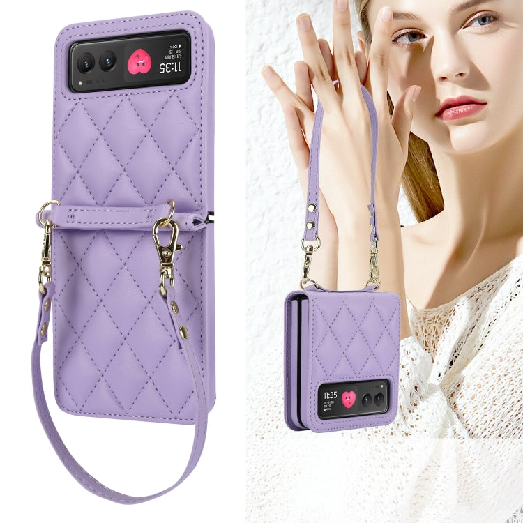 For Motorola Razr 40 Rhombic Texture Phone Case with Long & Short Lanyard(Light Purple)