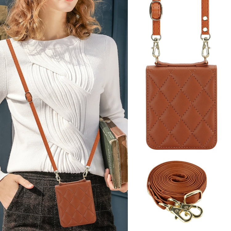 For Motorola Razr 40 Rhombic Texture Phone Case with Long & Short Lanyard(Brown)