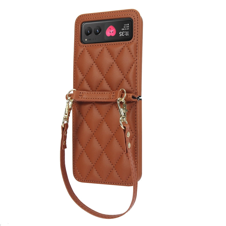 For Motorola Razr 40 Rhombic Texture Phone Case with Long & Short Lanyard(Brown)