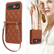 For Motorola Razr 40 Rhombic Texture Phone Case with Long & Short Lanyard(Brown)