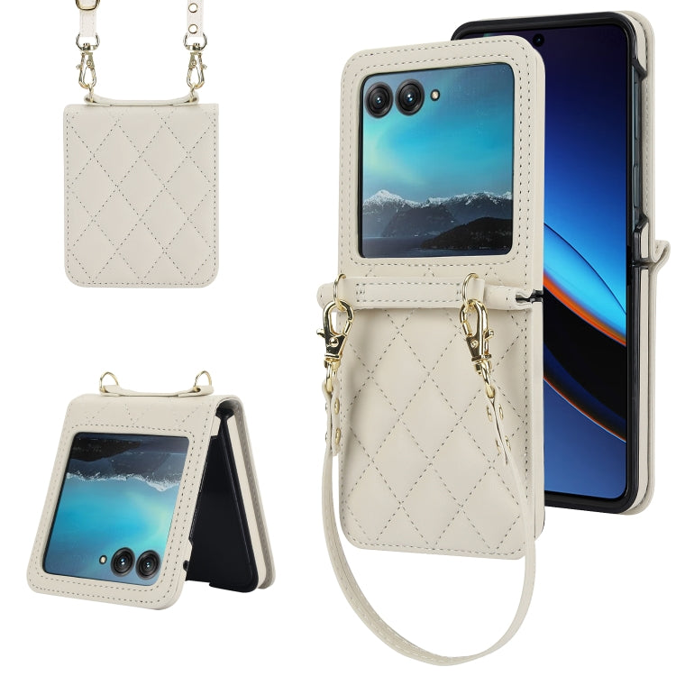 For Motorola Razr 40 Ultra Rhombic Texture Phone Case with Long & Short Lanyard(White)