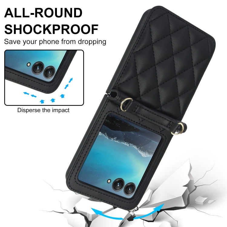 For Motorola Razr 40 Ultra Rhombic Texture Phone Case with Long & Short Lanyard(Black)