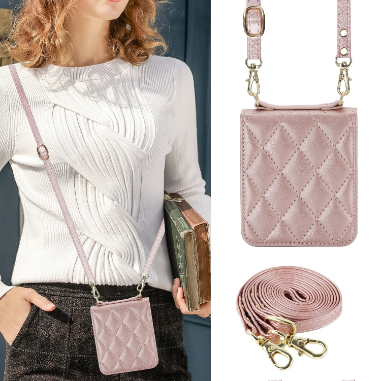 For Motorola Razr 40 Ultra Rhombic Texture Phone Case with Long & Short Lanyard(Rose Gold)