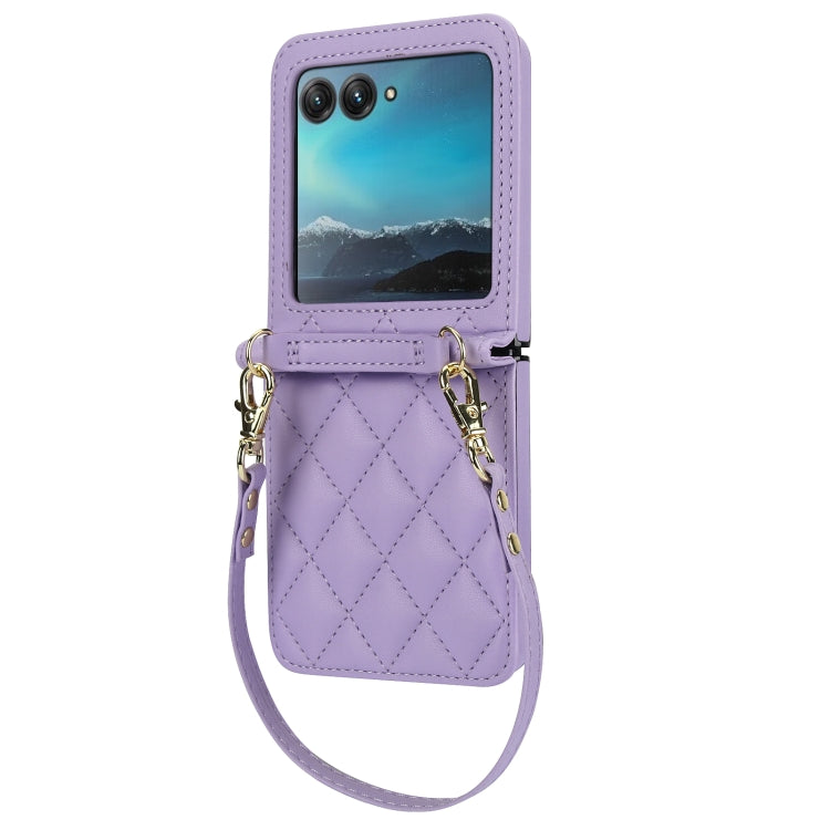 For Motorola Razr 40 Ultra Rhombic Texture Phone Case with Long & Short Lanyard(Light Purple)