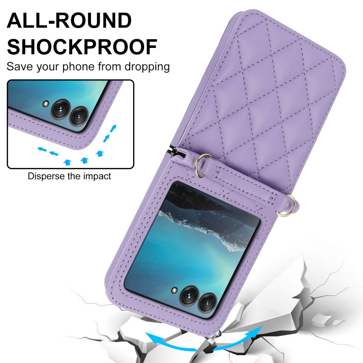 For Motorola Razr 40 Ultra Rhombic Texture Phone Case with Long & Short Lanyard(Light Purple)