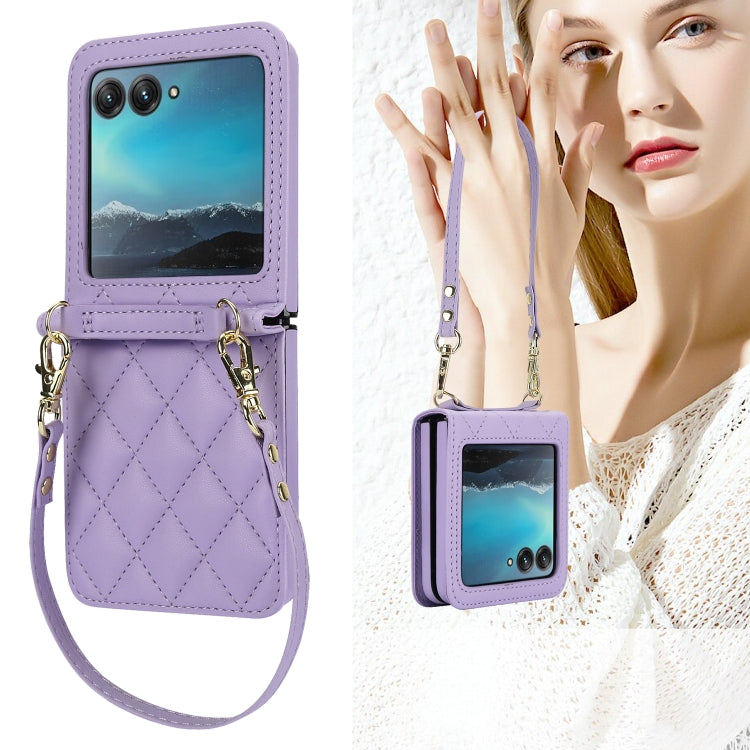 For Motorola Razr 40 Ultra Rhombic Texture Phone Case with Long & Short Lanyard(Light Purple)
