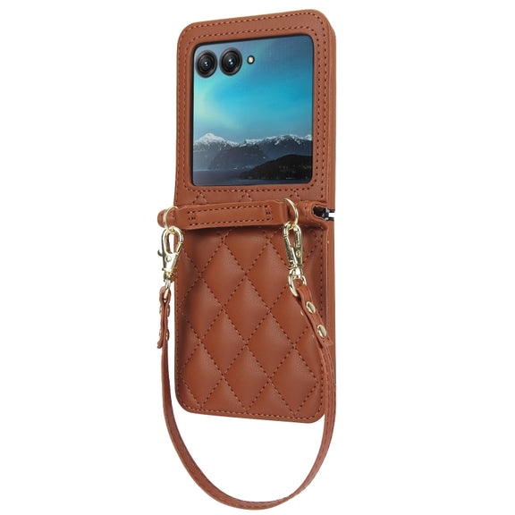 For Motorola Razr 40 Ultra Rhombic Texture Phone Case with Long & Short Lanyard(Brown)