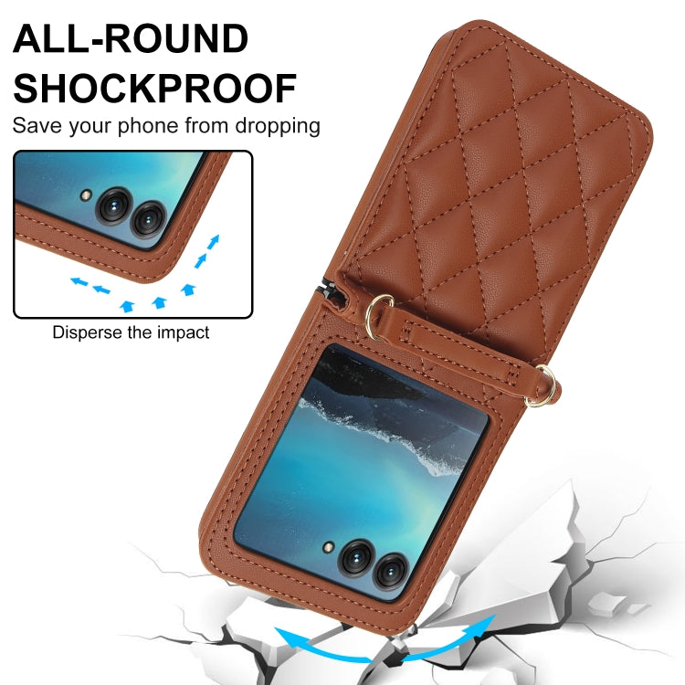 For Motorola Razr 40 Ultra Rhombic Texture Phone Case with Long & Short Lanyard(Brown)