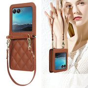 For Motorola Razr 40 Ultra Rhombic Texture Phone Case with Long & Short Lanyard(Brown)