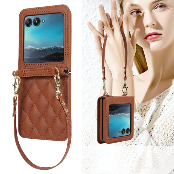 For Motorola Razr 40 Ultra Rhombic Texture Phone Case with Long & Short Lanyard(Brown)