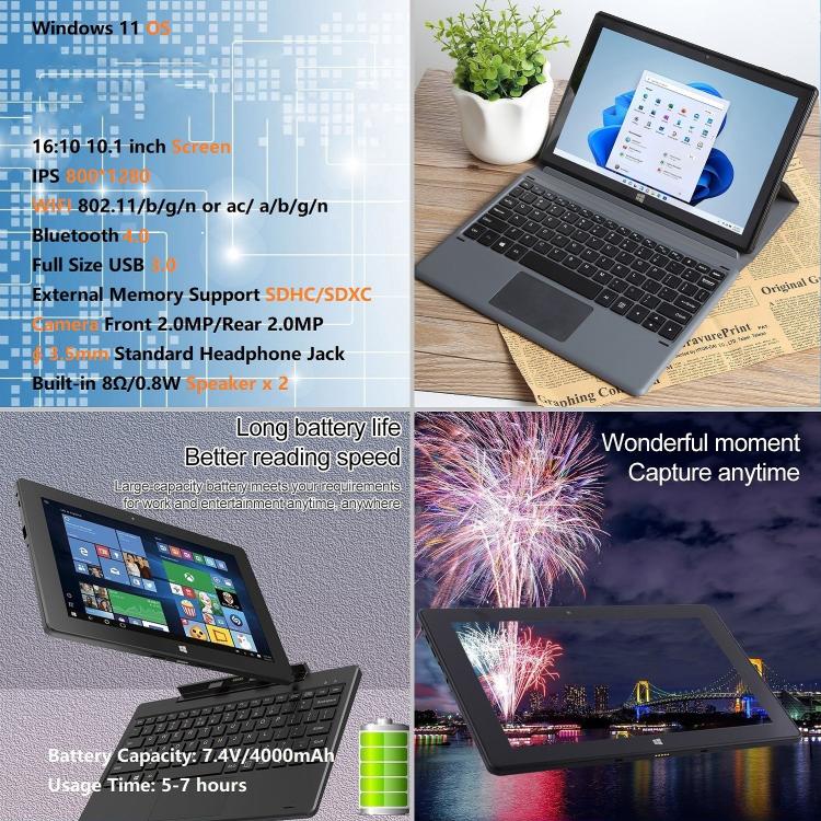 HONGSAMDE 10.1 inch 2 in 1 Tablet PC, 6GB+64GB, Windows 11, Intel Celeron J4105 Quad Core with Keyboard(Black)