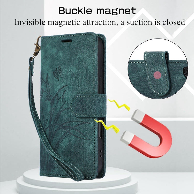 For iPhone 16 Pro Orchid Butterfly Embossed Leather Phone Case(Green)