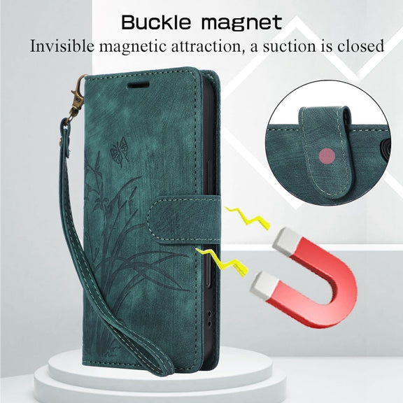 For iPhone 16 Pro Orchid Butterfly Embossed Leather Phone Case(Green)